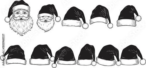 Santa hats collection, vintage Christmas sketch set, hand drawn holiday illustrations with festive Santa faces, winter season artwork, cad drawing flat vector illustration