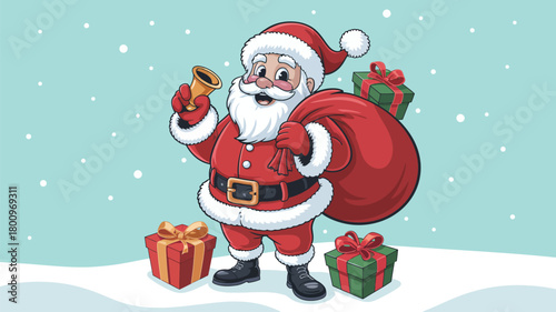 Santa claus holding a bell and carrying a gift sack with presents in a snowy winter landscape, perfect for festive holiday designs, christmas artwork and seasonal artwork