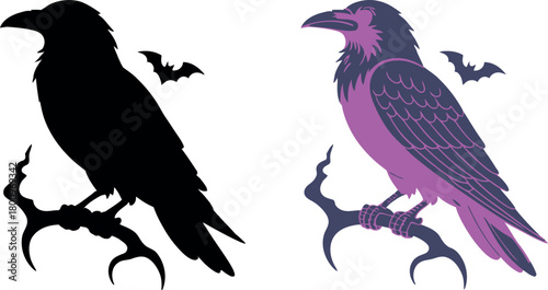 Raven and Bat Silhouettes in Black and Lilac Purple Design Illustration