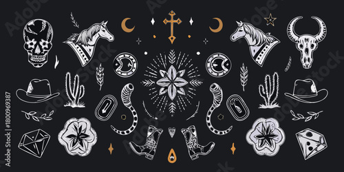 Western boho style illustration with cowboy boots skull horse cactus and celestial elements