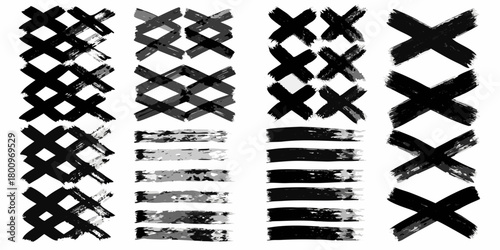 Collection of black and white grunge brush stroke x marks and grid patterns
