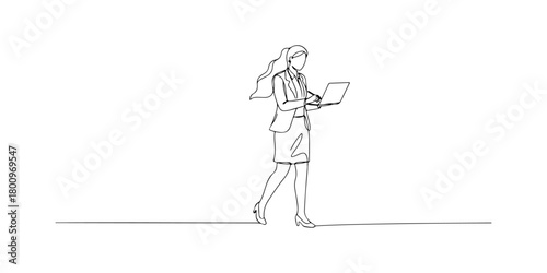 Continuous one line of a businesswoman working, representing empowerment, focus, and professionalism, hand drawn vector illustration.