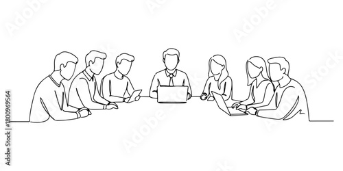 Continuous one line of a team meeting, symbolizing collaboration, teamwork, and ideas, hand drawn vector illustration.