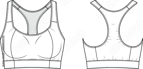 Sports bra technical flat sketch, racerback activewear top design, fitness apparel template with stitching details, workout clothing outline, cad drawing flat vector illustration
