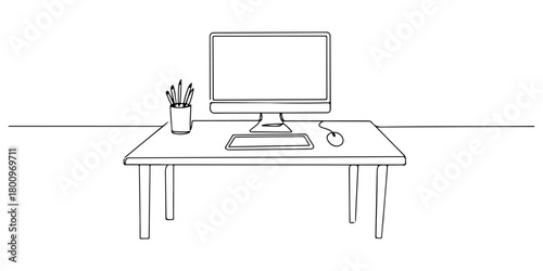 Continuous one line of a desk with computer, symbolizing work, focus, and efficiency, hand drawn vector illustration.