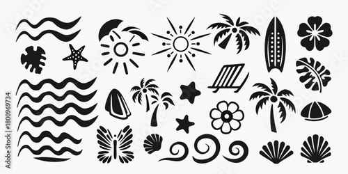 Collection of black and white tropical beach vacation icons and symbols