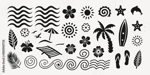 Collection of black silhouette icons representing a tropical beach vacation with sun waves palm trees and flowers