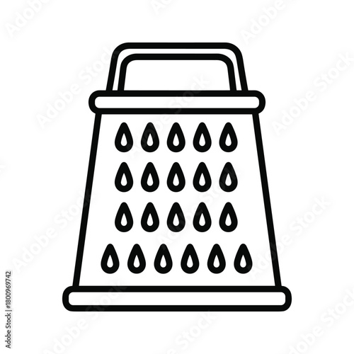 Outline icon of a kitchen grater with a handle, a common culinary utensil for grating cheese, vegetables, and spices