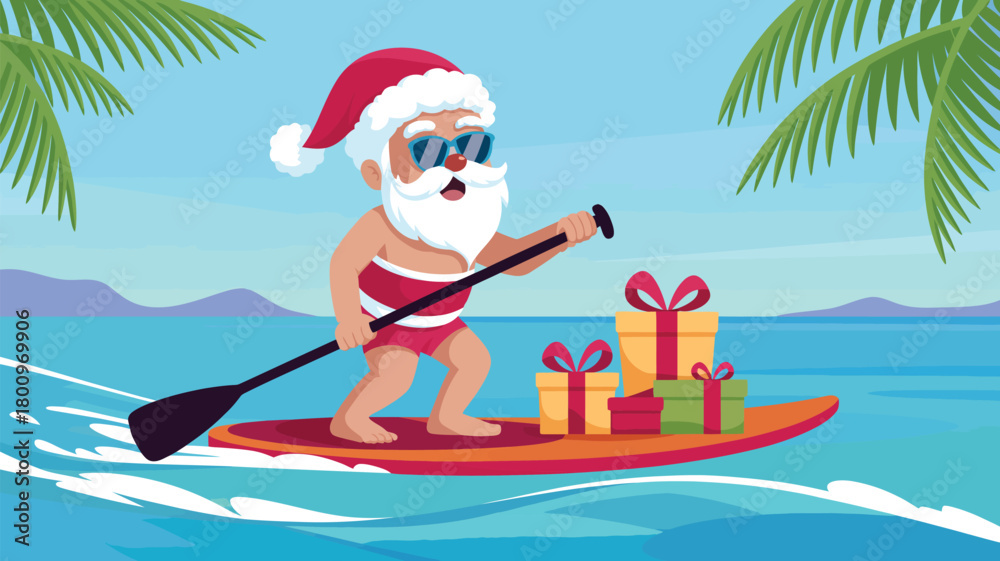 Fototapeta premium Santa surfing on a paddle board delivering christmas gifts at a tropical beach, fun holiday illustration with ocean waves, palm trees, sunshine and festive summer celebration theme