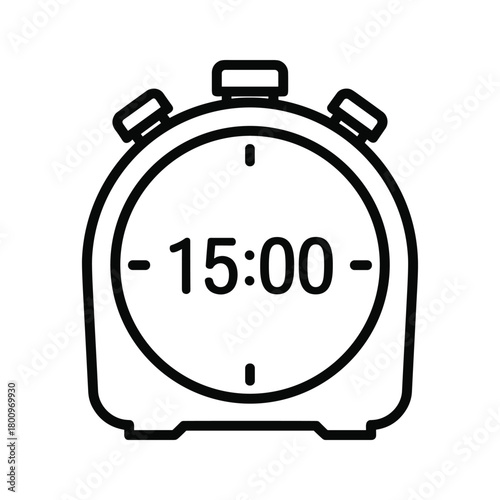 Outline timer icon showing fifteen minutes countdown or duration for task completion, time management, and deadlines.
