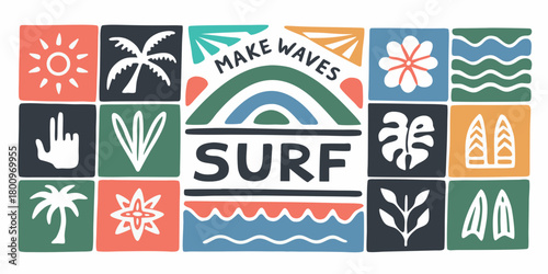 Retro surf vibes make waves graphic with sun palm trees and ocean waves