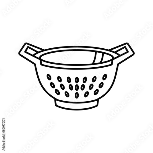 Line art illustration of a classic kitchen colander, perfect for draining pasta, rinsing vegetables, and general food preparation tasks.