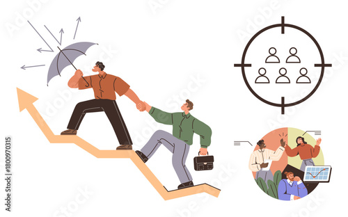 Professionals climb an upward arrow despite challenges, holding an umbrella for protection. Visuals include teamwork, leadership, goal-setting targets, and collaboration strategies. Ideal for growth