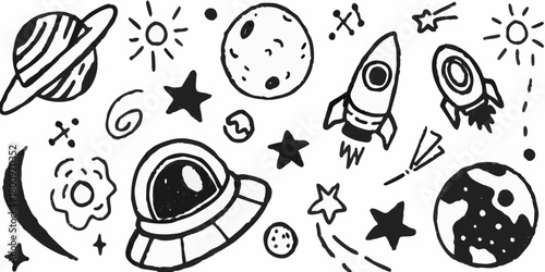 Whimsical hand drawn space doodle elements featuring planets rockets stars and astronaut helmet