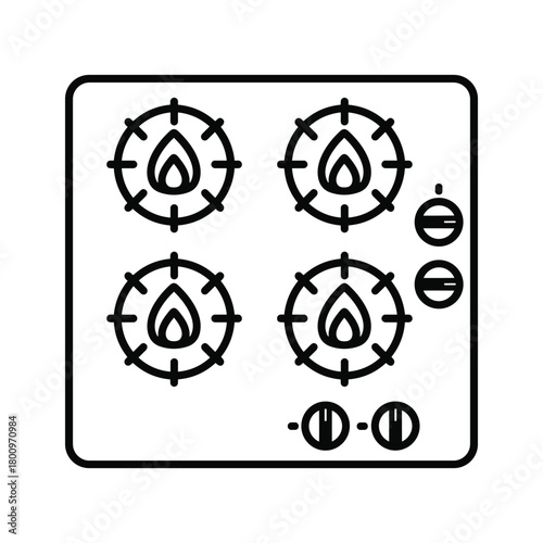 Gas stove top line icon with four burners and control knobs, a minimalist graphic representation for kitchen appliances.