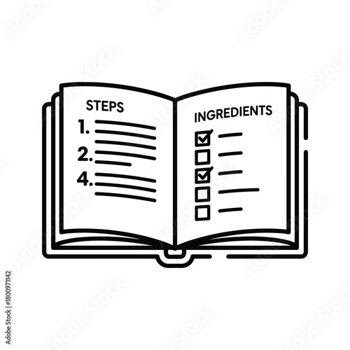 Open recipe book illustration with cooking steps and ingredients list, ideal for culinary projects and instruction manuals.