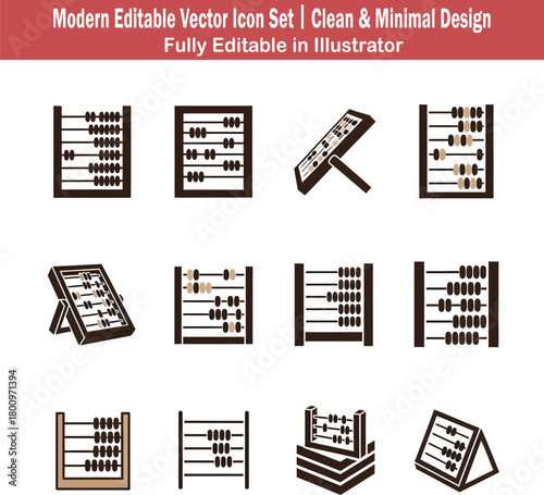 Flat 2D vector abacus icon set featuring ten unique counting frame and bead arrangement variations