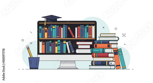 Online learning concept illustration featuring a computer screen filled with books, a graduation cap, a pencil, and stacks of books.