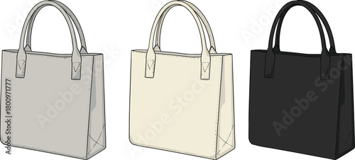 Minimal tote handbag set in multiple colors, stylish accessory design, clean fashion product layout, modern leather bag template, cad drawing flat vector illustration