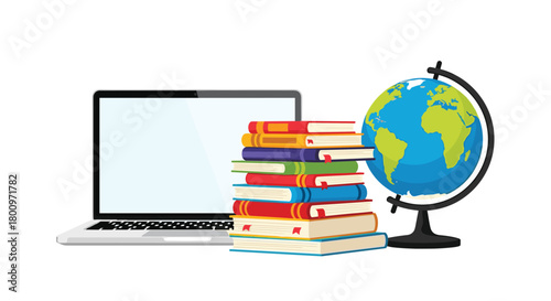 Digital and traditional learning tools, including a laptop, a stack of books, and a globe, symbolize modern education.