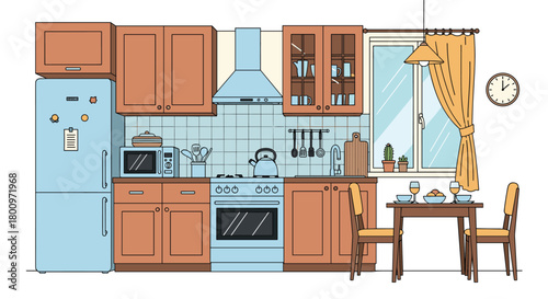 A charming cartoon illustration of a modern kitchen interior, featuring essential appliances, wooden cabinets, a sink, and a small dining area for two.