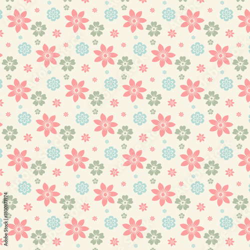 Charming and simple seamless floral pattern with small pink and teal flowers in a retro style, a gentle and decorative vector background