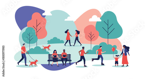 Diverse individuals and families enjoying a sunny day in a vibrant public park, engaged in various leisure and recreational activities.