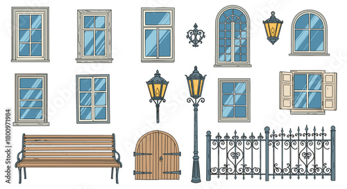 Illustrated collection of vintage architectural elements, including windows, lamps, a bench, and a decorative fence.