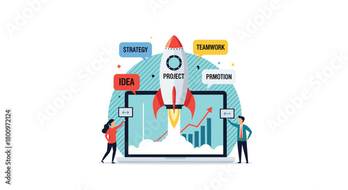 Business startup project launching with strategic planning, creative ideas, teamwork, and effective promotion driving growth and success on a laptop screen.