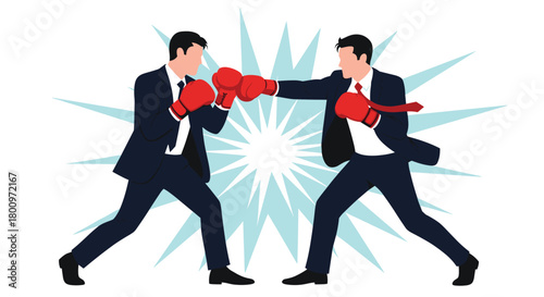 Two businessmen in suits and boxing gloves are engaged in a fierce fight, symbolizing competitive business strategies and corporate rivalry.