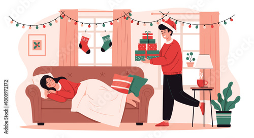 A man in a Santa hat brings a stack of Christmas gifts to a woman sleeping soundly on the living room sofa.