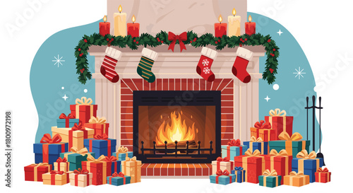 A beautifully decorated Christmas fireplace with burning logs, festive garland, stockings, and numerous wrapped gifts piled around, creating a cozy holiday scene.
