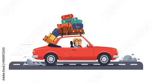 Cheerful couple embarking on an exciting summer road trip in a vibrant red convertible packed with numerous suitcases and travel gear.