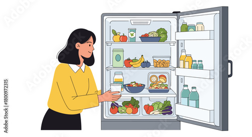 Young woman organizing a healthy, well-stocked refrigerator with fresh fruits, vegetables, and pre-made meals, promoting a nutritious lifestyle.