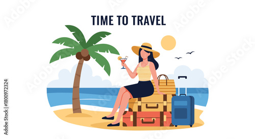 A stylish woman in a hat enjoys a cocktail on a sunny beach, sitting on her luggage beside a palm tree, ready for her tropical vacation.