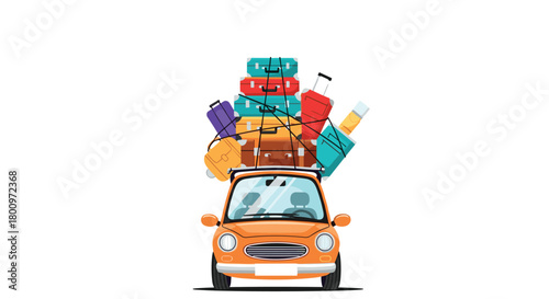 An orange retro car overloaded with colorful suitcases and bags strapped to its roof, ready for a long road trip or family vacation.