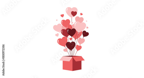 An open pink gift box releasing a multitude of heart-shaped balloons in various shades of red and pink, symbolizing love and celebration.
