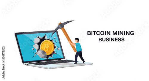 A man is mining a Bitcoin out of a laptop screen with a pickaxe, symbolizing the digital process of cryptocurrency mining business.