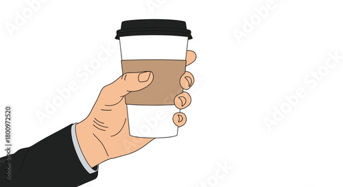 A professional's hand, clad in a suit, holds a disposable coffee cup with a protective brown sleeve, set against a clean white background.