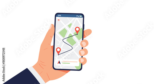 Hand holding a smartphone displaying a GPS navigation map with a planned route between two destination pins on a white background.
