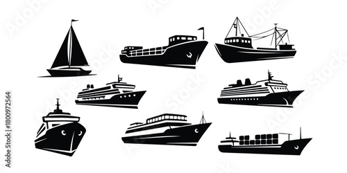 Boat outlines. Sailboats, barges, fishing vessels, cruise ships, sea yachts, and icons for both passenger and cargo ships. A vector set of nautical transport logos. Industrial or commercial shipping.