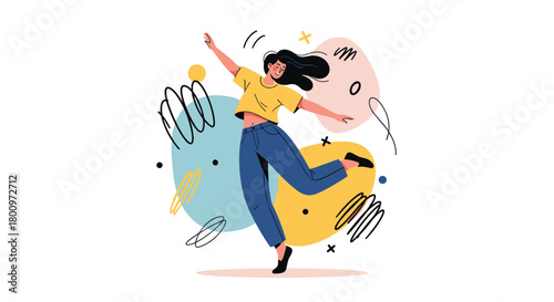 A joyful young woman leaps and dances with energy, surrounded by colorful abstract shapes and playful scribbles.