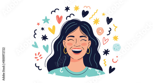 A happy woman with dark hair and hoop earrings laughs joyfully with closed eyes, surrounded by colorful hearts, stars, and abstract shapes, radiating pure happiness.