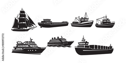 Silhouettes of various boats. Featuring icons for sailboats, barges, fishing boats, cruise ships, sea yachts, and cargo and passenger vessels. A vector set of nautical transport logos. 
