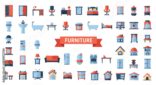 A diverse set of flat design icons showcasing various furniture pieces and household items, perfect for interior design and home decor concepts.