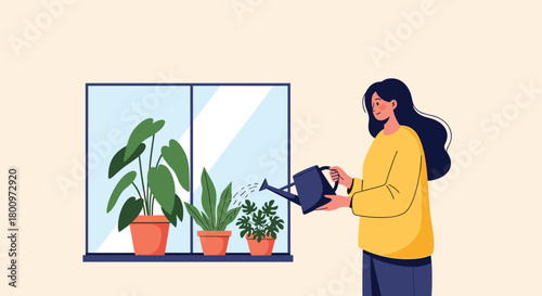 A smiling woman in a yellow sweater waters three potted houseplants on a windowsill with a dark blue watering can.
