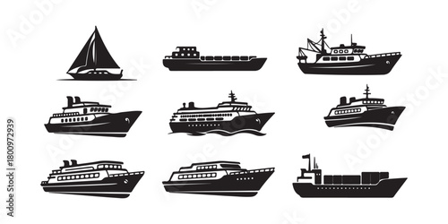 Boat silhouettes. This includes icons for sailboats, barges, fishing vessels, cruise ships, sea yachts, and both passenger and cargo ships. A vector collection.