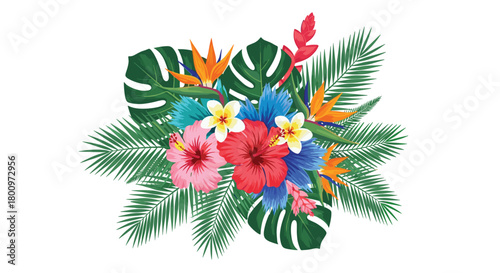 A vibrant arrangement of colorful tropical flowers and lush green palm leaves, perfect for summer designs and invitations.