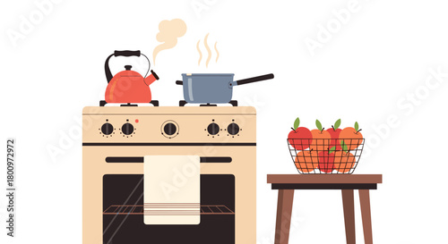 A cozy kitchen scene featuring a cream-colored stove with a red whistling kettle and a simmering pot, alongside a basket of fresh apples on a wooden stool.