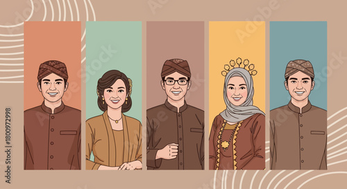 Illustration of five Indonesian people, three men and two women, dressed in traditional Javanese attire, smiling and standing against colorful panels.